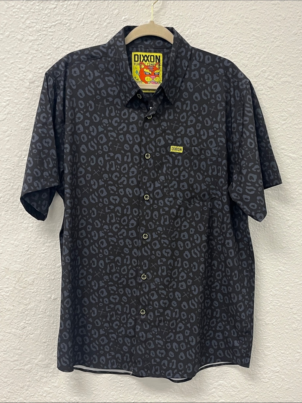 DIXXON Party Animal Black Short Sleeve Button-Down with Gray Leopard Print 1101